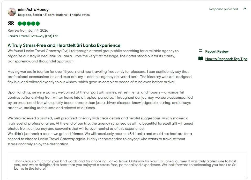 Review by Mimi for Lanka Travel Gateway Sri Lanka tours