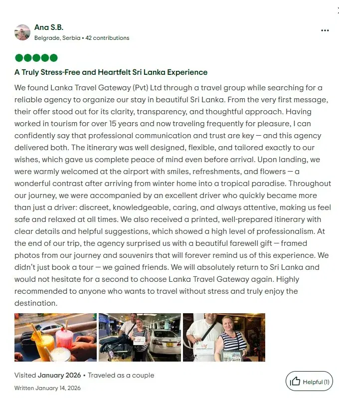 TripAdvisor review by Ana Savic for Lanka Travel Gateway Sri Lanka tours