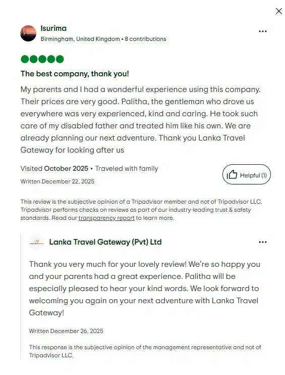 TripAdvisor review by Isurima for Lanka Travel Gateway Sri Lanka tours
