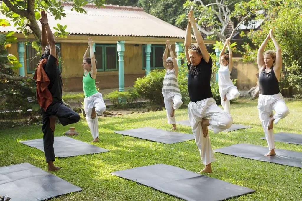 Outdoor group yoga session in a garden in Sri Lanka, part of a wellness travel itinerary